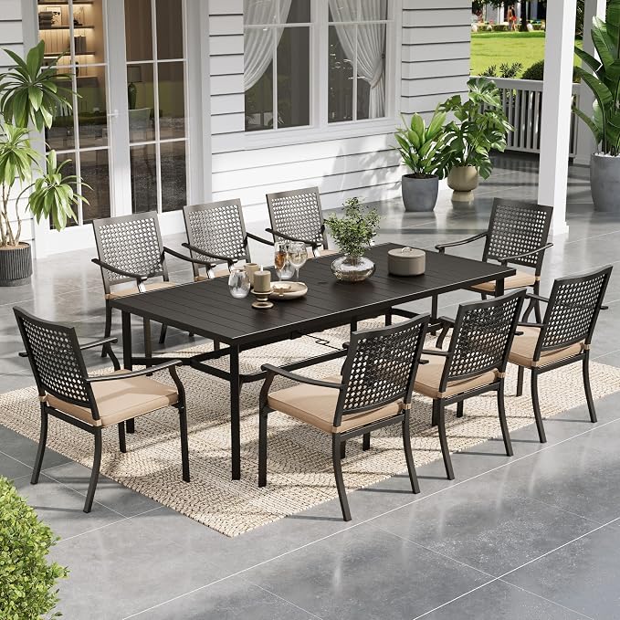 Sophia & William Patio Table and Chairs Set, Outdoor Dining Set for 8, 9 Piece Metal Patio Furniture, 82.7" Black Rectangular Table(Beehive)
