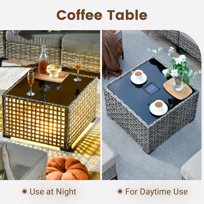 Outdoor Sectional Patio Furniture Set with Fire Pit Table,11 Pieces Rattan Wicker Conversation Sets L Shaped Couch,Out Door Furniture with Swivel Chairs Glowing Coffee Table,Denim Blue