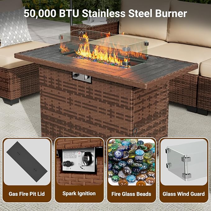 Patio Furniture Set with 44'' Propane Gas Firepit Table, 8 PCS Modular Outdoor Sectional Conversation Sets, All-Weather Wicker Patio Set for Backyard, Beige (Waterproof Covers Included)
