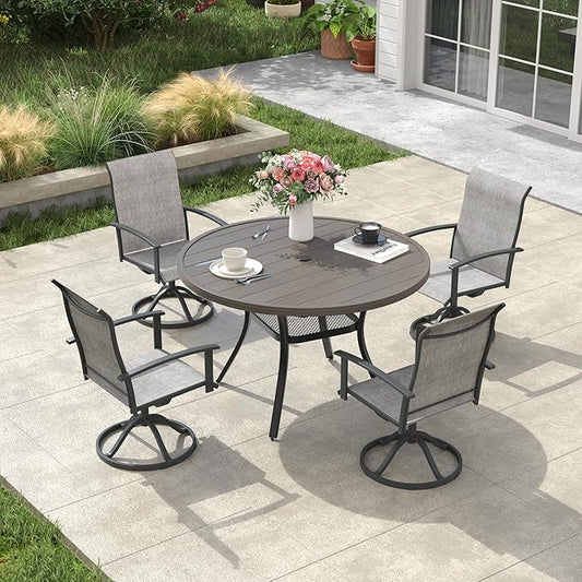 VICLLAX Outdoor Table and Chairs Set for 4, Patio Dining Set of 40.7" Metal Round Patio Table with Umbrella Hole & 4 Swivel Outdoor Dining Chairs for Backyard Lawn, Grey & Antique Grey