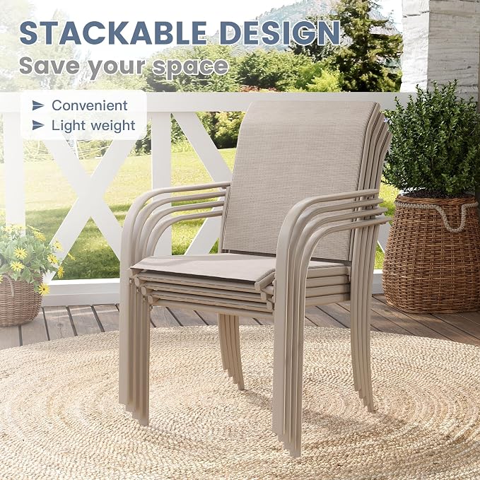 VICLLAX 5 Pieces Patio Dining Set, Outdoor Furniture Set Includes 37.8" Square Outdoor Table and 4 Stackable Patio Sling Chairs, Grey Wood-Like Tabletop and Sandshell Color Fabric