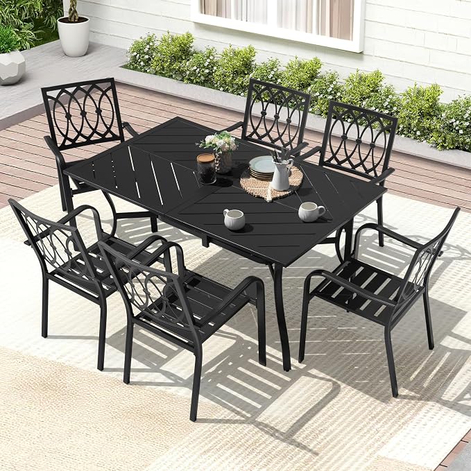 NUU GARDEN 7-Piece Outdoor Patio Dining Set, 61'' x 37'' Rectangle Table with Umbrella Hole and 6 Stackable Patio Dining Chairs, for Outdoor and Indoor Space,Garden, Patio, Deck, Backyard, Black