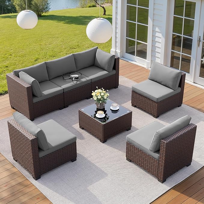 Qsun 7 Pieces Outdoor Patio Furniture Set, PE Rattan Outdoor Wicker Sectional Furniture Sofa Set, with Cushions and Glass Coffee Table, for Balcony, Porch, Garden, Grey