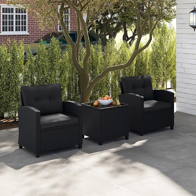 ORALNER 3 Pieces Patio Furniture Set, Wicker Conversation Set Outdoor Chairs with Cushions, Glass Coffee Table, Rattan Bistro Set for Front Porch Balcony Garden Deck Poolside (Black)
