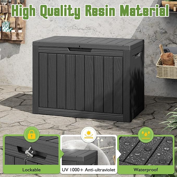 Outdoor Storage Box, 45 Gallon Deck Box with Lockable Lid, Waterproof Resin Storage Bin for Cushions, Garden Tools, Patio Furniture, Black