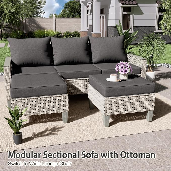 Outdoor Patio Furniture Set 14-Piece Modular Wicker Sectional Sofa with Ottomans and Thick Cushions, Modern Rattan Outdoor Conversation Couch for Garden Backyard, Black