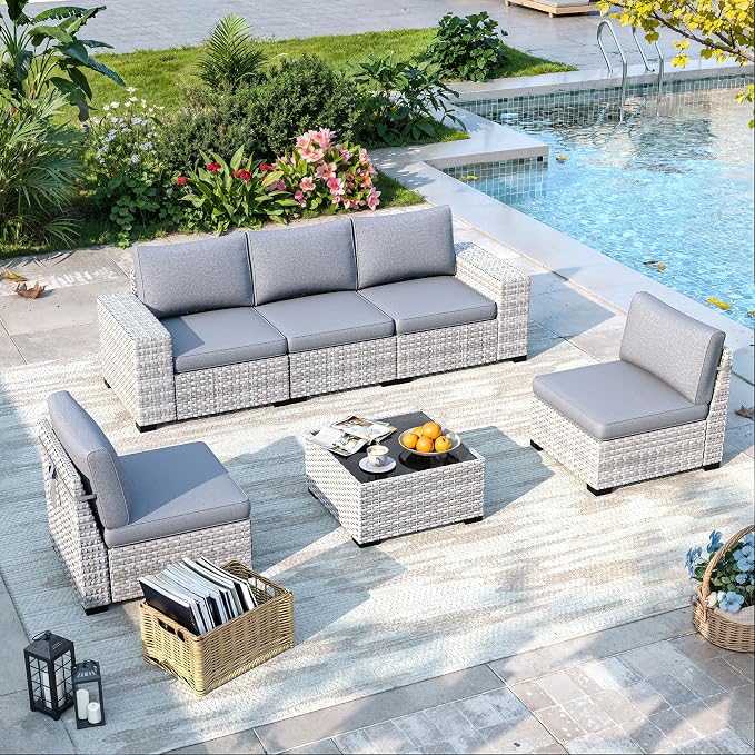 6 Piece Outdoor Wicker Sectional Sofa Set, 5-Seats Patio Furniture Conversation Set with 4" Thickened Cushions & Coffee Table, All-Weather PE Rattan for Garden, Backyard, Porch, Gray