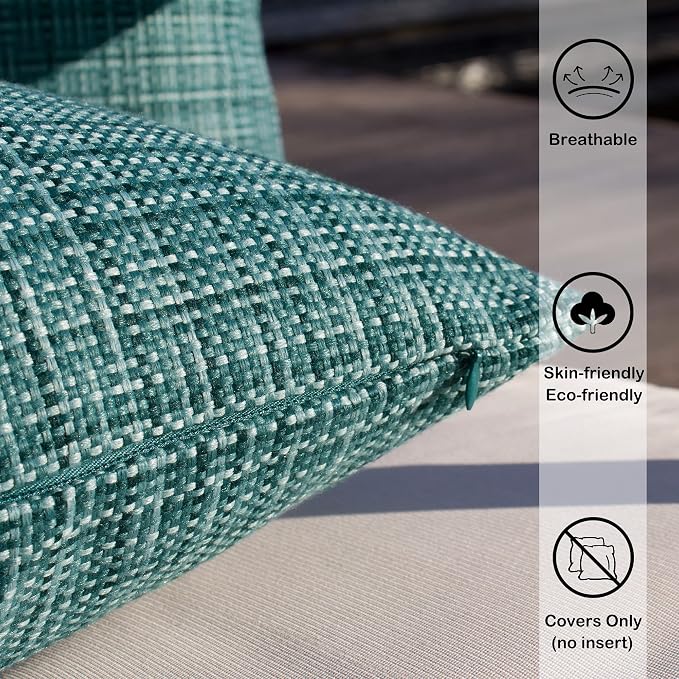 Kevin Textile Outdoor Waterproof 16x16 Inch Pillow Covers 2 Pack, Teal | Water Resistant, Faux Linen Yarn-dyed, Woven Texture Throw Pillow Covers for Tent Patio Garden Couch Sofa