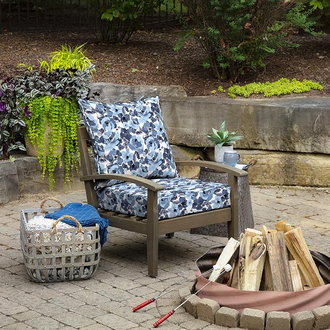 Arden Outdoor Deep Seat Cushion Set, Foam, 24x24, Blue Garden Floral | 2-Pack, Sofa, Couch, Conversation Set, Premium High-Density Foam, Never Flattens, Mold and Mildew Resistant