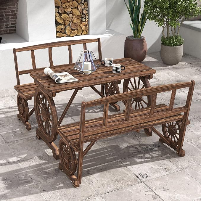 3-Piece Carbonized Pine Patio Dining Set: Wagon Wheel Table & 2 Benches (45.25" L), Rustic Outdoor Furniture for 4-Person, Rain-Ready Slatted Design