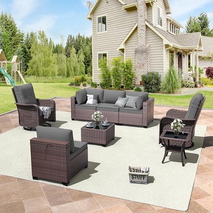 ALAULM 8 Pieces Patio Furniture Set with 2 Swivel Chairs Wicker Patio Conversation Set, Outdoor Sectional Furniture w/Coffee Table & Washable Seat Cushions-Grey