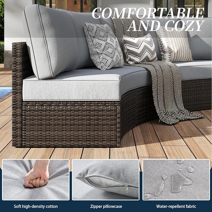 11 Piece Outdoor Patio Furniture Set, Half Moon Patio Sectional Set with Soft Cushions and Ottoman, All Weather Rattan Wicker Curved Outdoor Sofa for Backyard Patio Garden