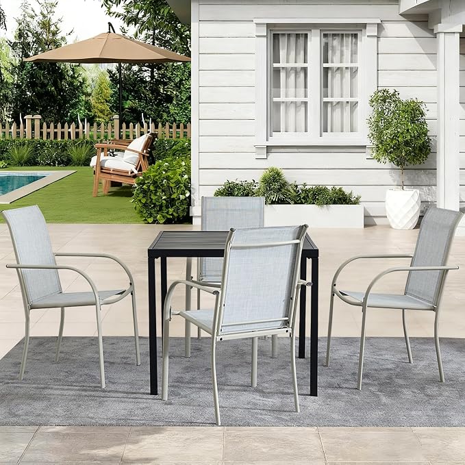 5-Piece Outdoor Dining Set, 35.5" Square Metal Patio Table with Beige Chairs, Black Table with Umbrella Hole for Garden, Yard, Patio