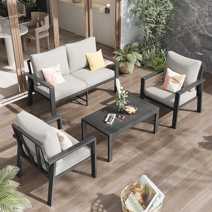 4-Piece Aluminum Outdoor Patio Furniture Sets All-Weather Patio Conversation Set Sectional Sofa with Coffee Table & Cushions with Removable Covers for for Deck Backyard Garden Poolside Balcony Porch