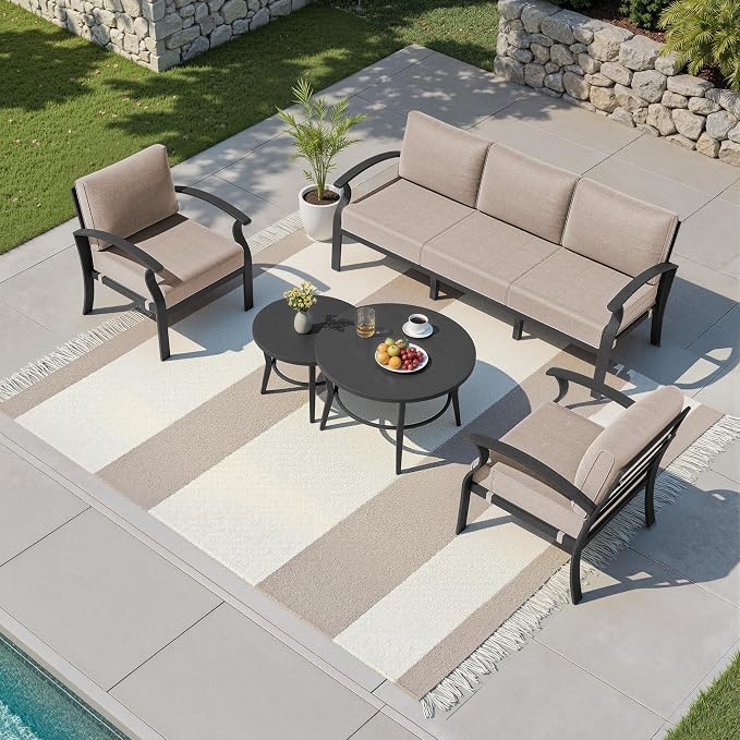 Kullavik Aluminum Patio Furniture Set,4 Piece Modern Metal Outdoor Patio Furniture w/5.1'' Thick Cushion and Round Coffee Table,Patio Conversation Sets for Porch,Deck,Sand