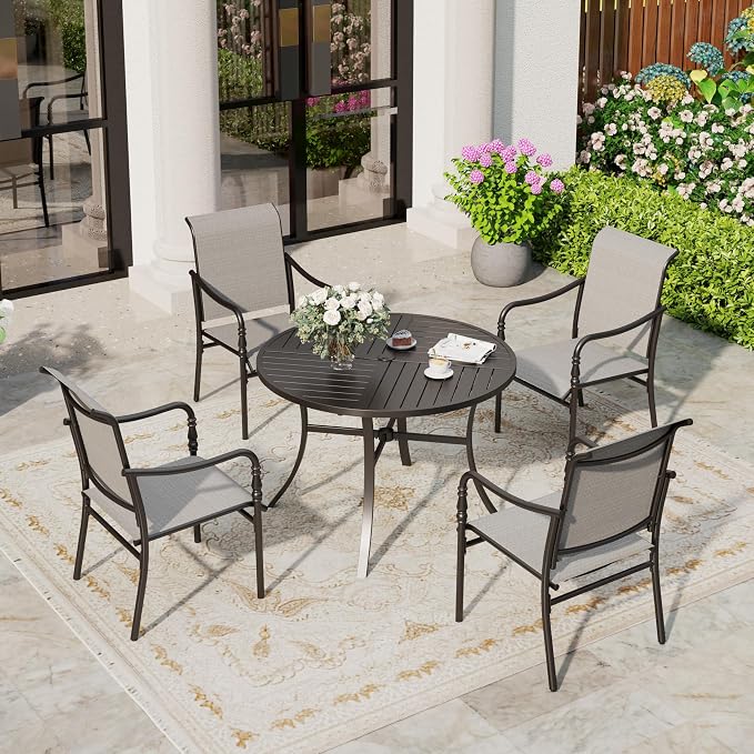 SUNSHINE VALLEY Patio Table and Chairs Set of 4, All-Weather Breathable Textilene Patio Chair with Gourd-Shaped Armrests, 42x42 Round Table with Umbrella Hole, 5 Pcs Metal Frame Patio Dining Set