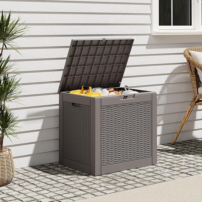 Outdoor Storage Box, Resin Deck Boxes Indoor and outdoor, Waterproof Storage Box Lockable Lid (Grey, 35 Gallon)