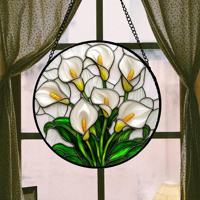 DASTOLL Stained Glass Window Hanging, White Calla Lily Suncatcher Diamond Glass Panel Hangings Flowers Sun Catchers Decor for Birthday for Women, Men, Wife, Aunt, and Mom 14.9x14.9 in