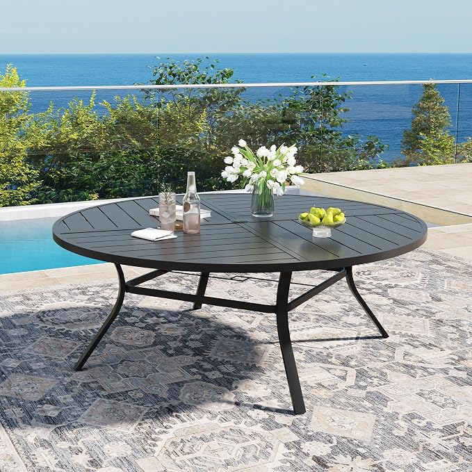 DIFY 9 Piece Outdoor Dining Set, Metal Patio Table and Chairs Set, 63" Black Round Dining Table & 8 Blue Padded Textilene Swivel Patio Chairs, Outdoor Furniture Set for Garden Backyard Porch