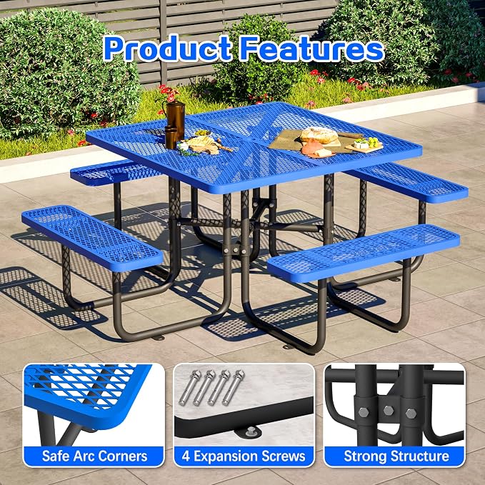 46" Iron Mesh Picnic Table with 1.73" Umbrella Hole Blue | Rust & Heat-Resistant, All-Season Use, Safe Arc Corners, Outdoor Square Metal Picnic Tables for Patio, Park or Backyard