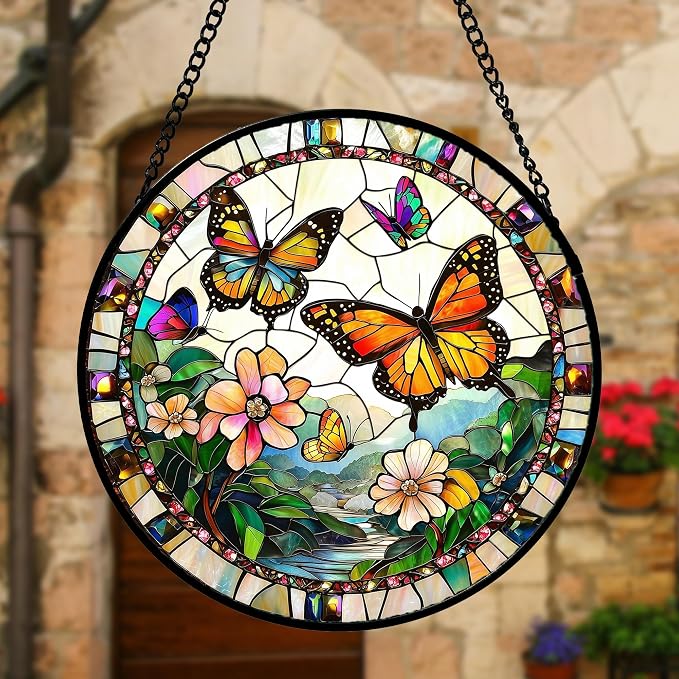 DASTOLL Stained Glass Window Hanging, Butterflies Flying in the Sky Suncatcher for Doors Home Sun Catchers Decoration and Christmas, Mother's Day Birthday Gifts for Women, Men, and Mom 6.3 in