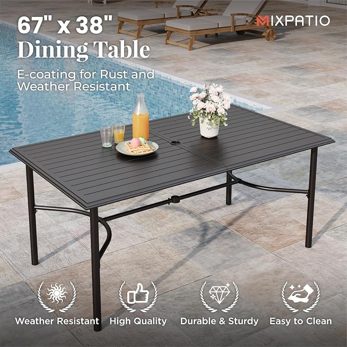 MIXPATIO 7-Piece Outdoor Dining Set 6 Blue Textilene Chairs and Steel Rectangle Table with 1.97” Umbrella Hole for Deck Garden Backyard Lawn Poolside