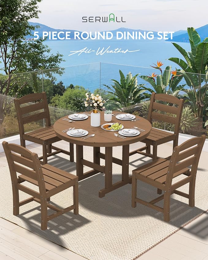 SERWALL 5-Piece Patio Dining Sets, HDPE Outdoor Table and Chairs Furniture Set, 45" Round Dining Table and 4 Armless Dining Chairs, Brown