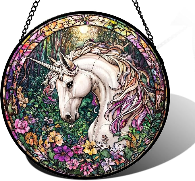 DASTOLL Stained Glass Window Hanging, Unicorn Flowers Suncatcher for Doors Home Sun Catchers Decoration and Christmas, Mother's Day Birthday Gifts for Women, Men, and Mom 6.3 in