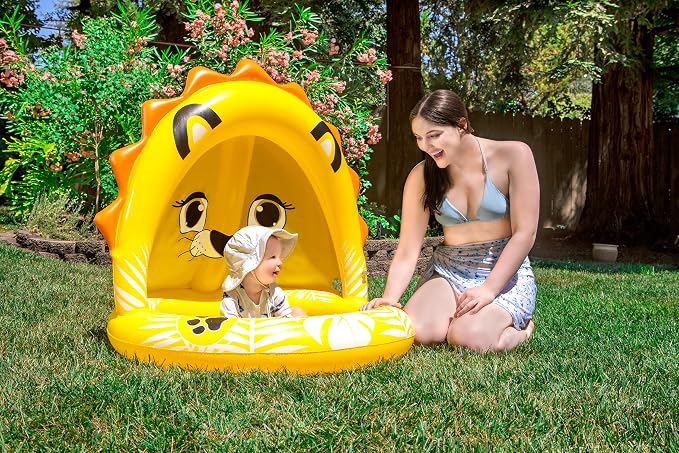 Poolmaster Inflatable Swimming Pool Kiddie Pool with Sun Shade, Baby Lion Small
