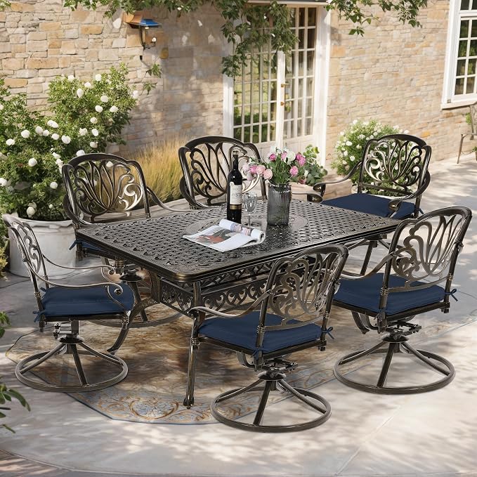 7-Piece Outdoor Patio Dining Set, 60” Rectangular Cast Aluminum Dining Table with Umbrella Hole and 6 Cushioned Swivel Rocker Chairs, Patio Funiture Set for Backyard, Patio, Garden, Navy