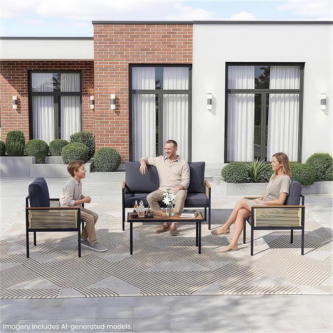 4 Pieces Patio Furniture Set, Outdoor Furniture Set with Table and Chairs, Metal Patio Conversation Sets with Thick Waterproof Cushions for Backyard, Garden, Poolside, Dark Grey (4 Seats)