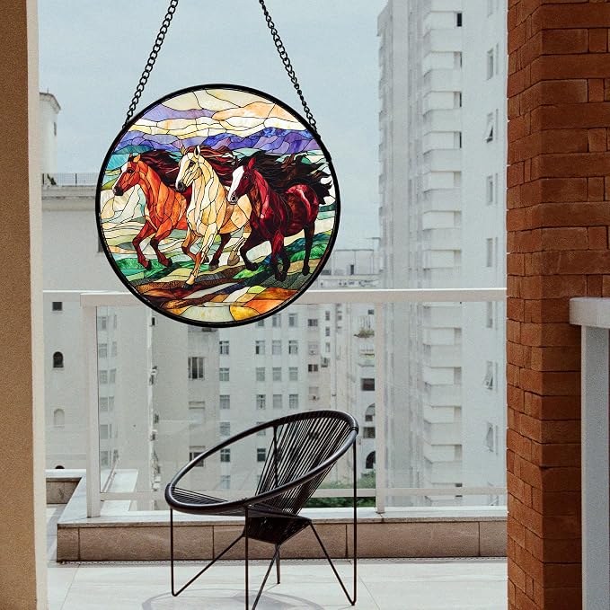Stained Glass Window Hanging, Galloping Horses Sun Catcher for Door Home Decor Colorful Suncatcher Christmas Mother's Day Birthday Gifts for Women Men Mom and Nana 11.8 in