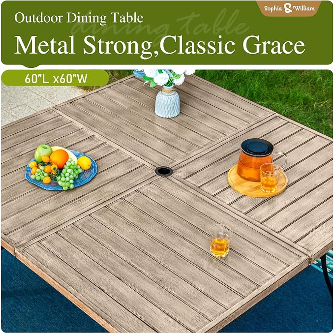 Sophia & William Metal Outdoor Dining Set for 8 Patio Outdoor Table and Chairs with 57.5” Large Square Dining Table(1.9" Umbrella Hole) & 8 Heavy-Duty Padded Outdoor Chairs, Deck Lawn Furniture Set