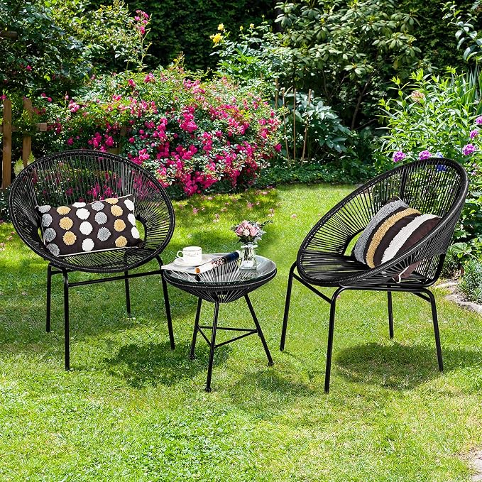 COSTWAY 3-Piece Outdoor Acapulco Chair Set, Wicker Conversation Bistro Sets with Plastic Rope, Glass Top Table, Patio Rattan Furniture Set for Garden, Balcony, Lawn, Backyard, Apartment, Black
