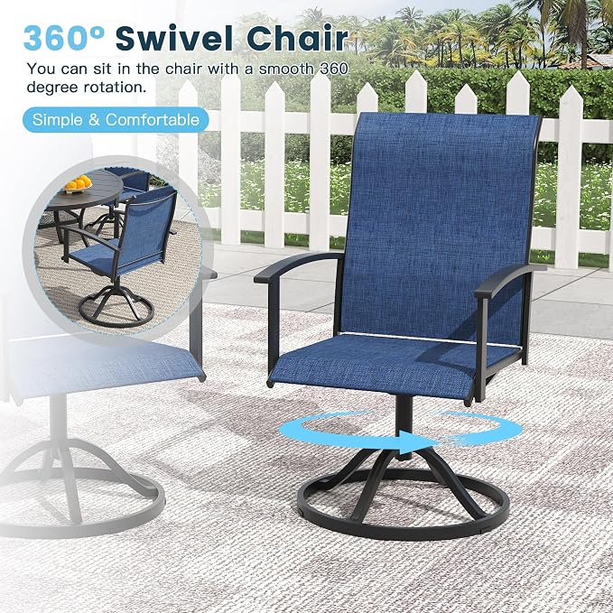 3 Pieces Outdoor Patio Dining Bar Set, 27.6" All Weather Square Metal Slatted Table with Storage Shelf and 2 High Back Textilene Swivel Chairs for Garden, Lawn, Black Table & Blue Chairs