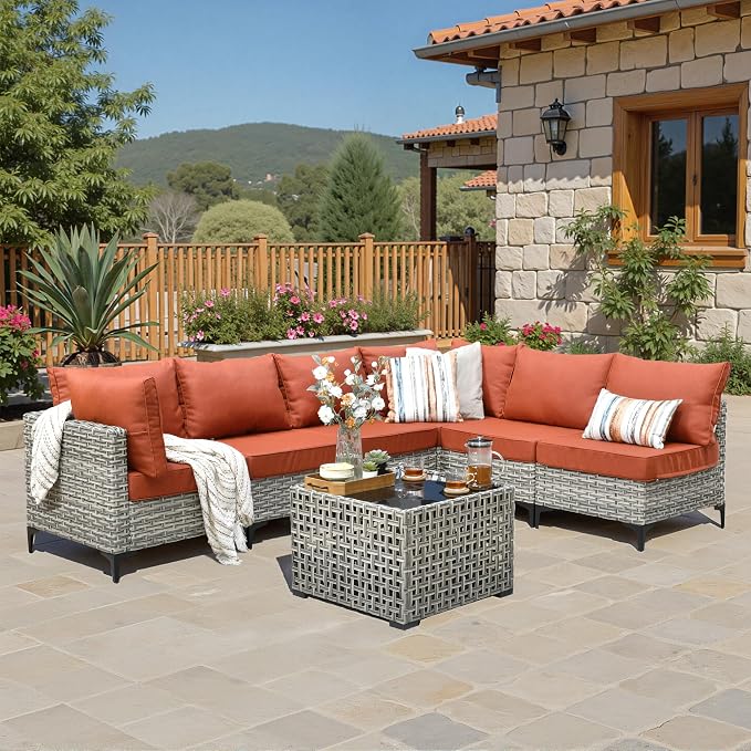7 Pieces Wicker Patio Furniture Set,Outdoor Sectional Sofa with Coffee Table Comfy Cushions,Modern Modular Deep Seat Rattan Couch Conversation Set,Orange Red