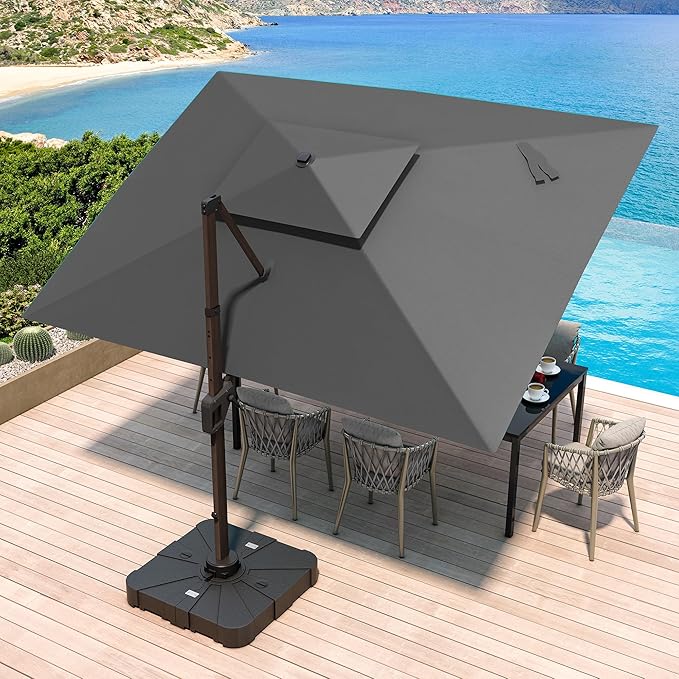 JZAC & QZYD 10X13 FT Outdoor Cantilever Patio Umbrella with Base Included and LED Lights, Large Heavy Duty 2-Tier Aluminum Offset Umbrellas with 360-Degree Rotation for Pool Deck, Grey