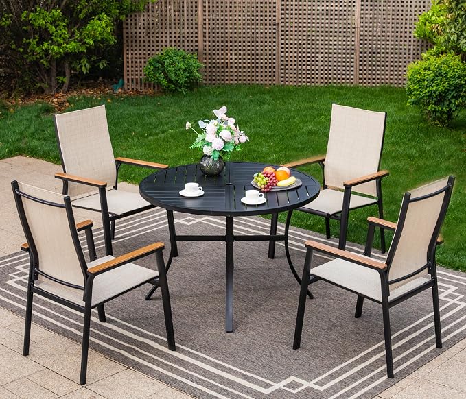Sophia & William Round Patio Dining Set for 4 with Aluminum Chairs, Beige | Metal table, Stackable sling chairs, Breathable & quick-drying, Light-weight & space-saving, Umbrella Hole, Outdoor, 5 piece