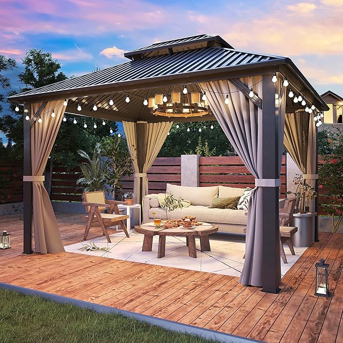 AirWire 10'x12' Gazebo Hardtop Gazebo, Aluminum Frame Pergola with Double Galvanized Steel Roof, Permanent Outdoor Metal Canopy with Curtain & Netting for Patio, Backyard, Deck, Dark Grey