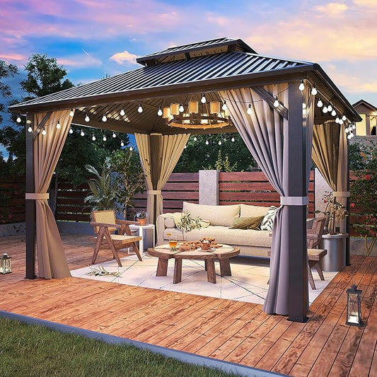 AirWire 10'x12' Gazebo Hardtop Gazebo, Aluminum Frame Pergola with Double Galvanized Steel Roof, Permanent Outdoor Metal Canopy with Curtain & Netting for Patio, Backyard, Deck, Dark Grey