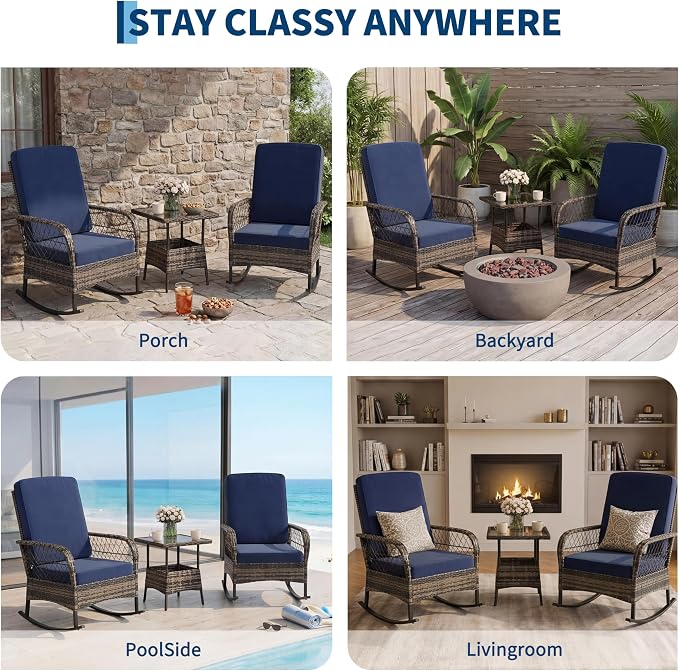 Garvee 3 pcs Outdoor Rocking Bistro Set, Wicker Rocking Bistro Set with Thick Cushions, Outdoor Rocker Chairs and Coffee Table for Porch, Backyard or Garden (Brown&Blue)