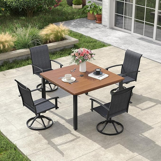 VICLLAX 5 Pieces Patio Dining Set, Patio Furniture Set of Metal Outdoor Table with Umbrella Hole and 4 Swivel Patio Chairs for Backyard Lawn, Charcoal & Walnut