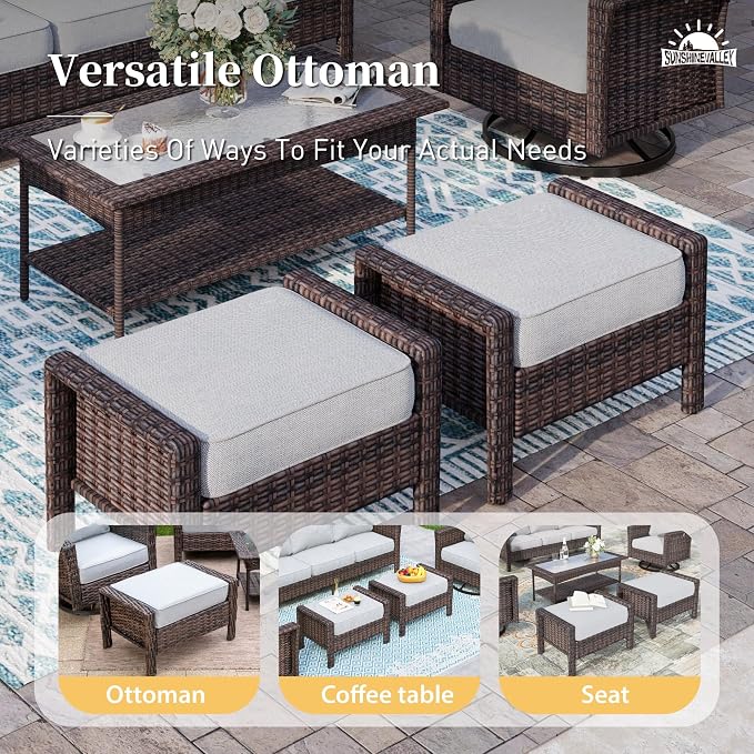 SUNSHINE VALLEY 5 Pieces Patio Furniture Set with Swivel Chairs, High Back Wicker Rattan Sofa with Extra Thick Cushion and Ottoman, Outdoor Conversation Set for Garden Backyard Deck, Grey