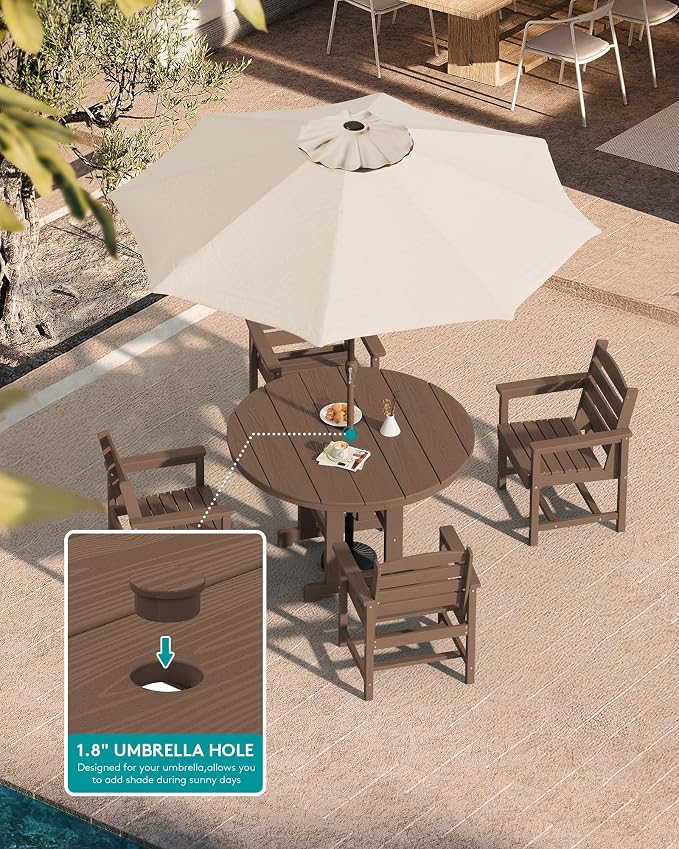 SERWALL 5-Piece Patio Dining Sets, HDPE Outdoor Table and Chairs Furniture Set, 45" Round Dining Table and 4 Dining Chairs, Brown