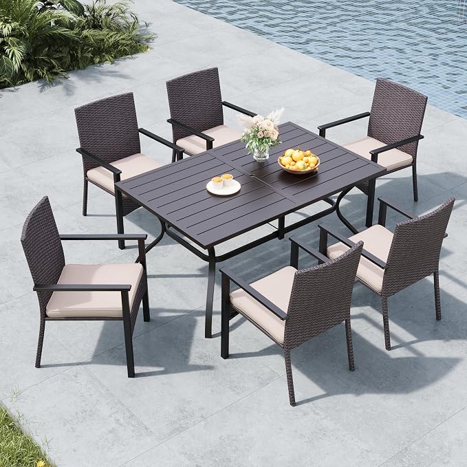 MFSTUDIO 7 Pieces Outdoor Dining Sets, Metal Rectangular Dining Table & 6 Cushioned Chairs, Wicker Patio Dining Furniture, All Weather Outdoor Furniture, E-Coated Frame, Rattan