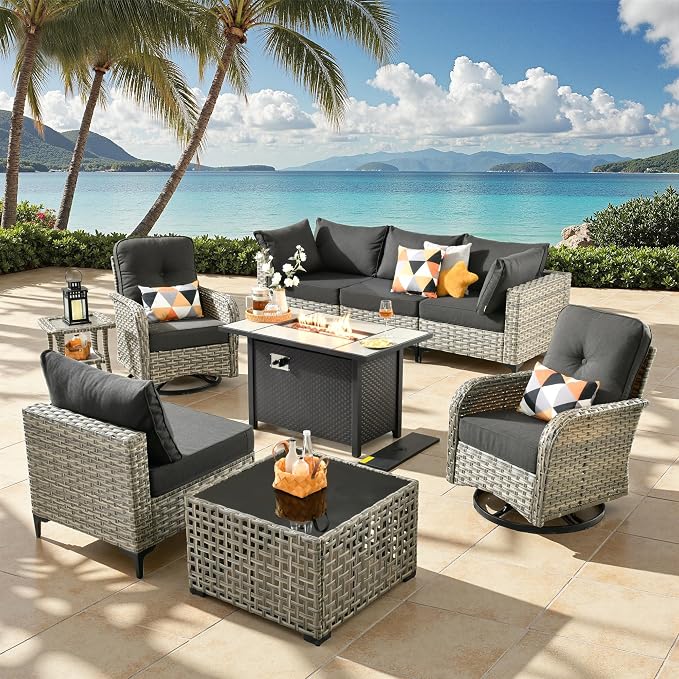 9-Piece Outdoor Patio Furniture Set with Fire Pit Table, Outdoor Conversation Wicker Sofa with Swivel Chairs, Rattan Couch with Coffee Table for Deck, Backyard, Poolside (Black)