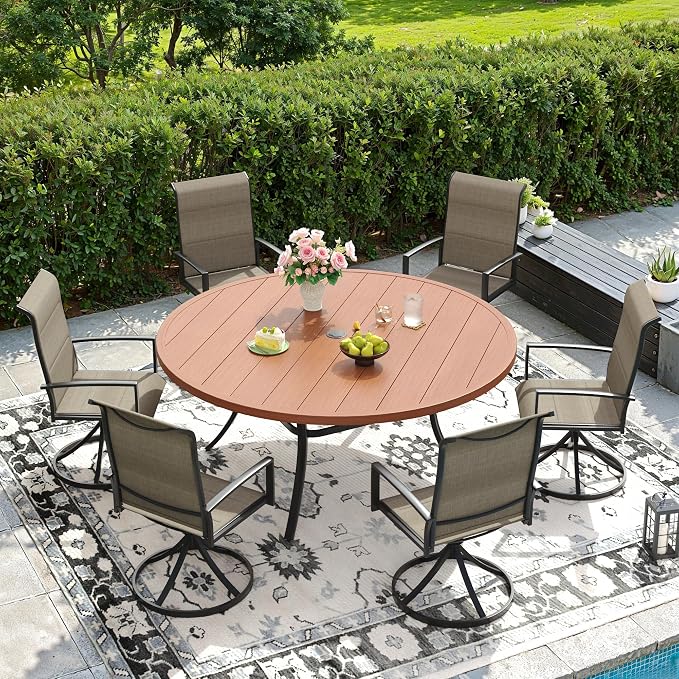 DIFY 7 Piece Outdoor Patio Dining Set for 6, 53" Walnut Round Metal Dining Table and Swivel Patio Chairs with Brown Padded Textilene, All-Weather Outdoor Furniture Set for Garden Backyard Porch