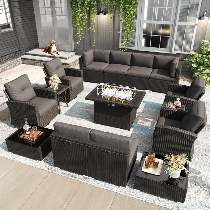 LayinSun 15 Pieces Patio Furniture Set with Fire Pit Table, Black Rattan Modular Sectional Outdoor Conversation Sofa Set, Swivel Rocking Chairs Set