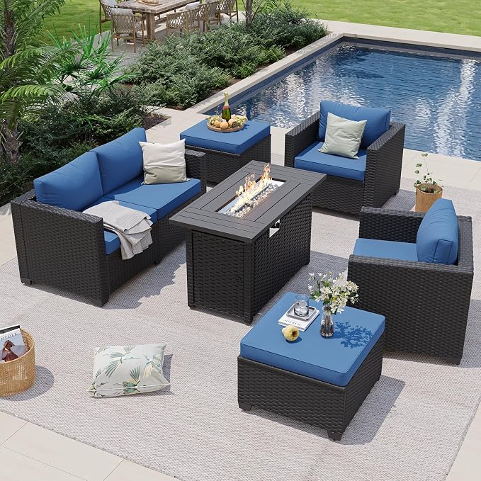 Aoxun Patio Furniture Set with Fire Pit Table, 6 Seats Outdoor Furniture Set with Wicker Ottomans, Rattan Outdoor Sectional Sofa with Thickened Cushion & Waterproof Cover Navy Blue