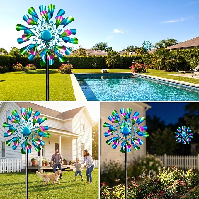 Solar Wind Spinner Outdoor Metal - Peacock Kinetic Garden Sculptures with Color-Changing LED Lights, Waterproof Wind Catchers Yard Art Decor for Patio Lawn, for Women (Green)